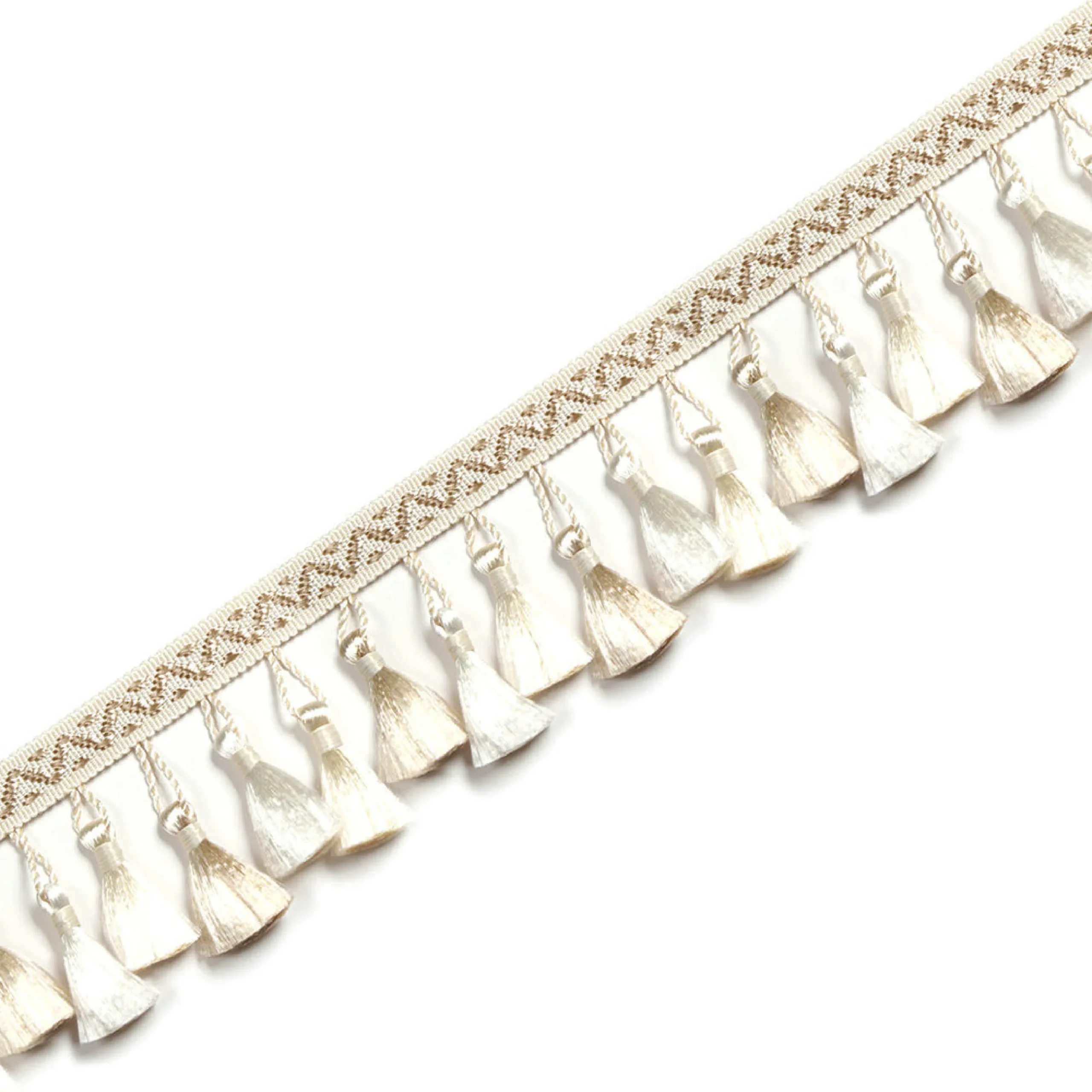 French-style curtain tassel trim in cream and gold with decorative fringe