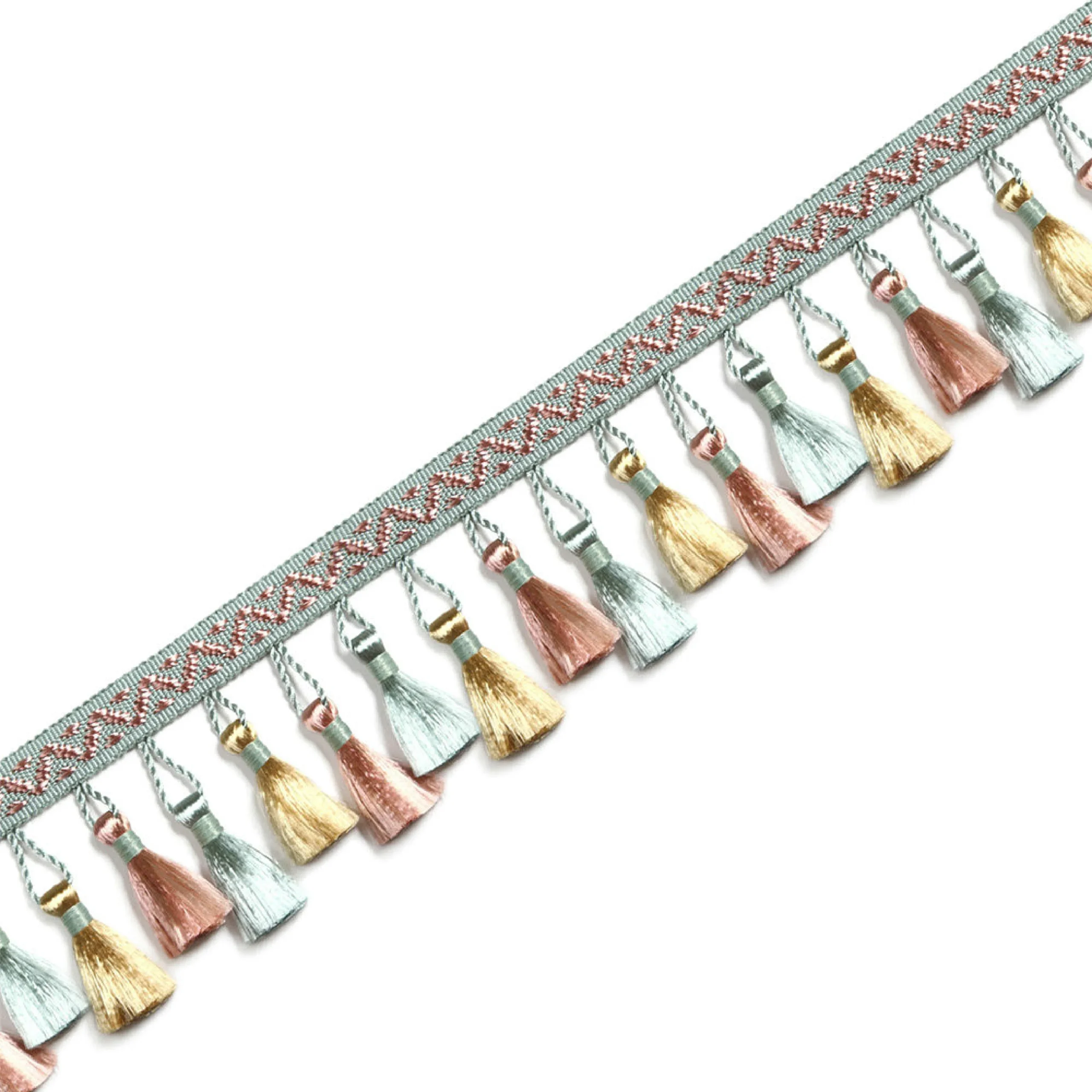 French-style curtain tassel trim in light blue and ivory with woven band