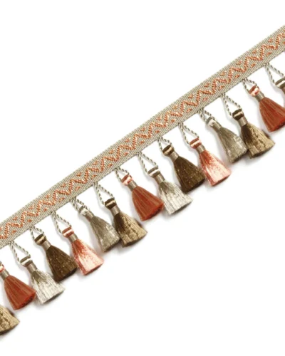 French-style curtain tassel trim in gold and beige with woven band