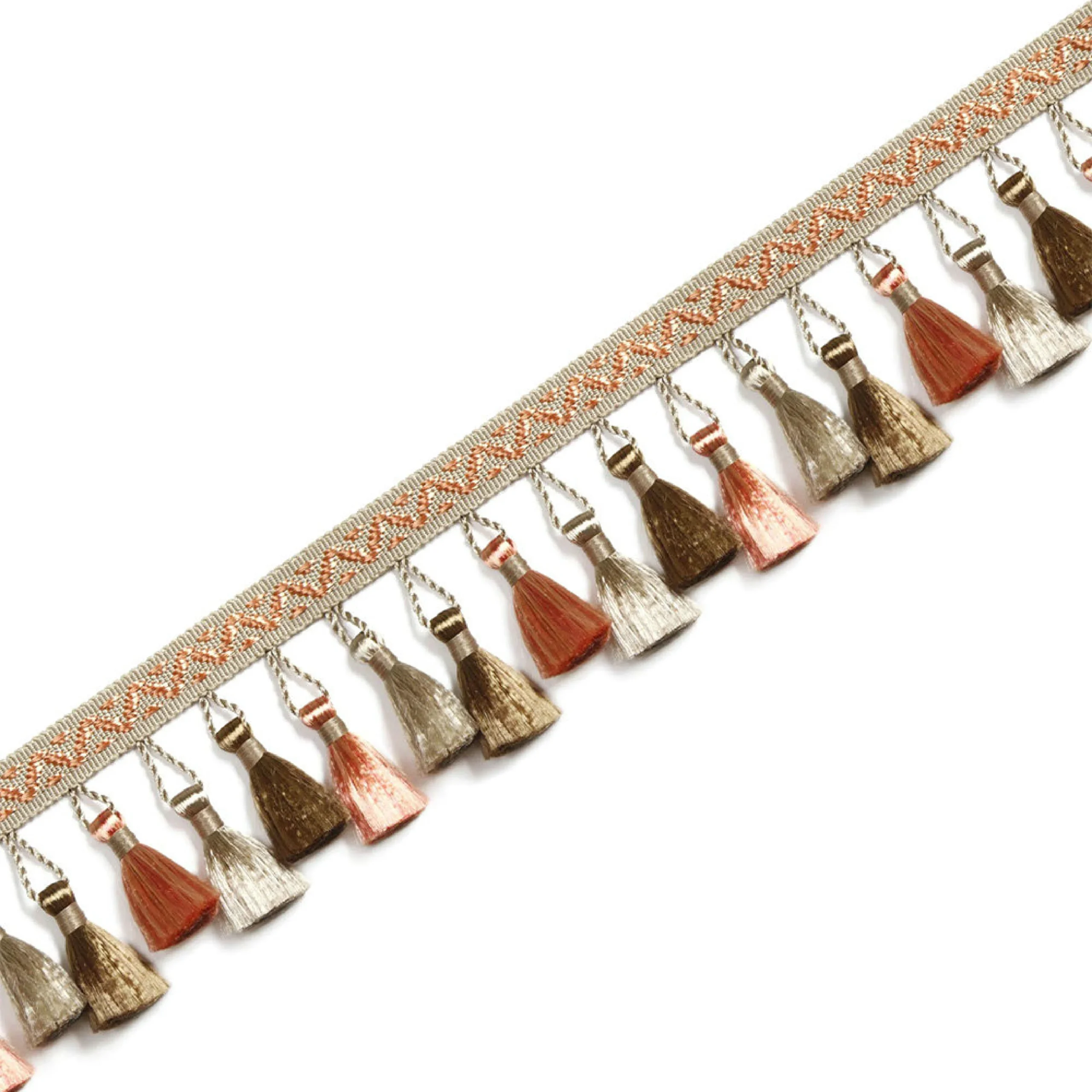 French-style curtain tassel trim in gold and beige with woven band