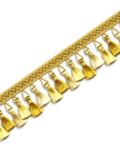 French-style curtain tassel trim in gold with integrated woven band