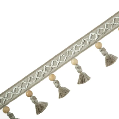 Light beige wood bead tassel trim with geometric woven band – Scandinavian inspired