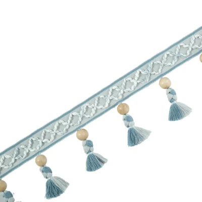 Light blue tassel trim with wood beads and geometric woven band – coastal or Nordic inspired