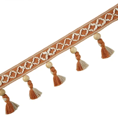 Warm terracotta tassel trim with wood beads and woven braid – ideal for rustic or Mediterranean decor