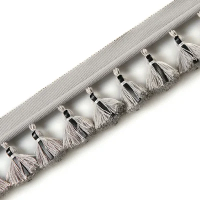 Silver gray leather tassel fringe trim with clean braided band – modern metallic-style decorative edging