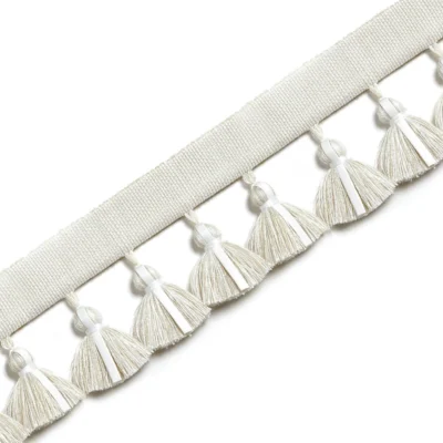 Cream white leather tassel fringe trim with hand-tied tassels and woven top band – minimalist decorative edging