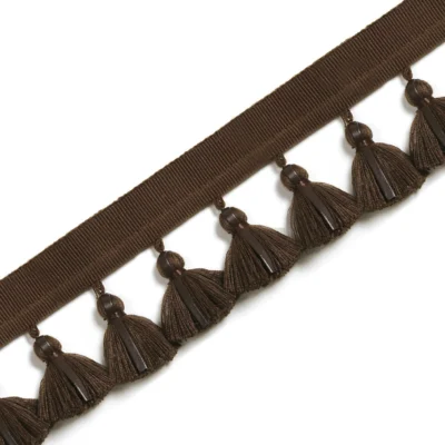 Dark brown leather tassel fringe trim with hand-tied knots and structured band – classic decorative trim