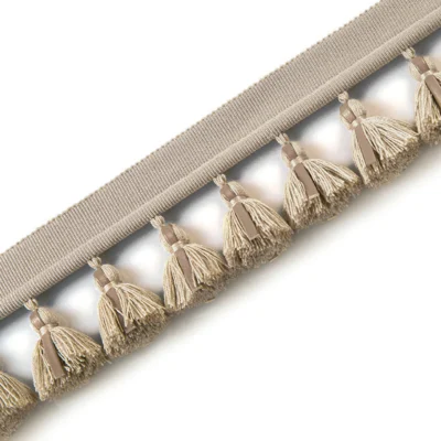 Ivory and light gray leather tassel fringe trim with braided top edge – modern soft neutral tone