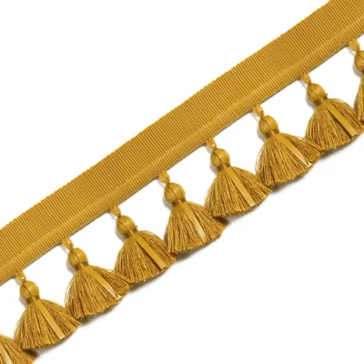 Mustard yellow leather tassel fringe trim with braided top band – modern decorative edging