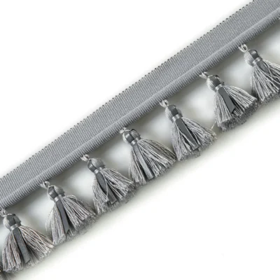 Gray leather tassel fringe trim with braided top band – inspired by Bottega-style woven elegance