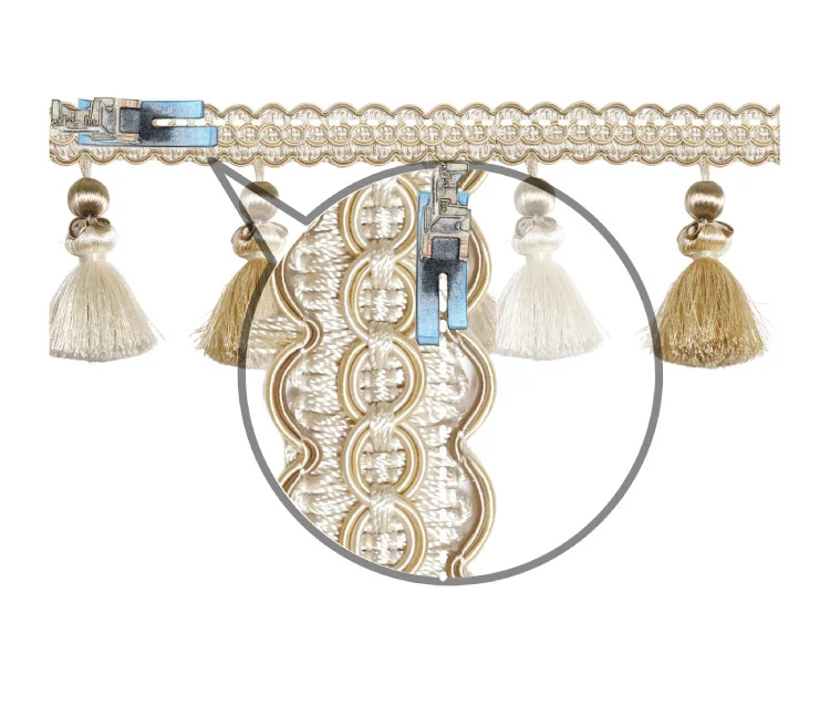 Luxury curtain trim with wide scalloped band and long tassels in ivory – Medici style