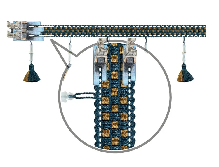 Close-up of Bamboo Rhythm Tassel Curtain Trim showing tassel and woven band structure