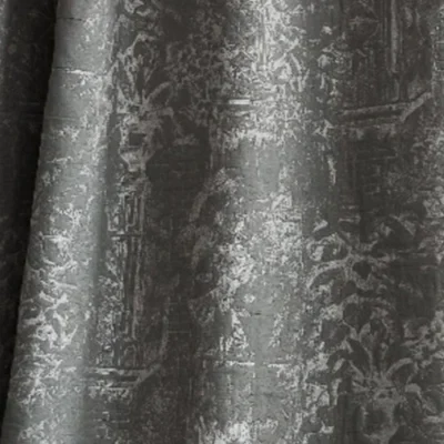 Ash Vein sheer curtain on a ceiling track with wave folds, abstract textured voile pattern
