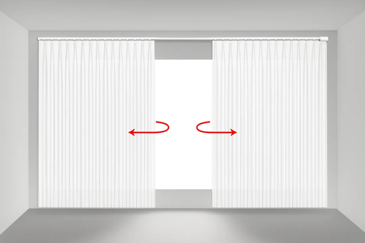 Two-way center open curtains, opening from the middle to both sides – measurement diagram