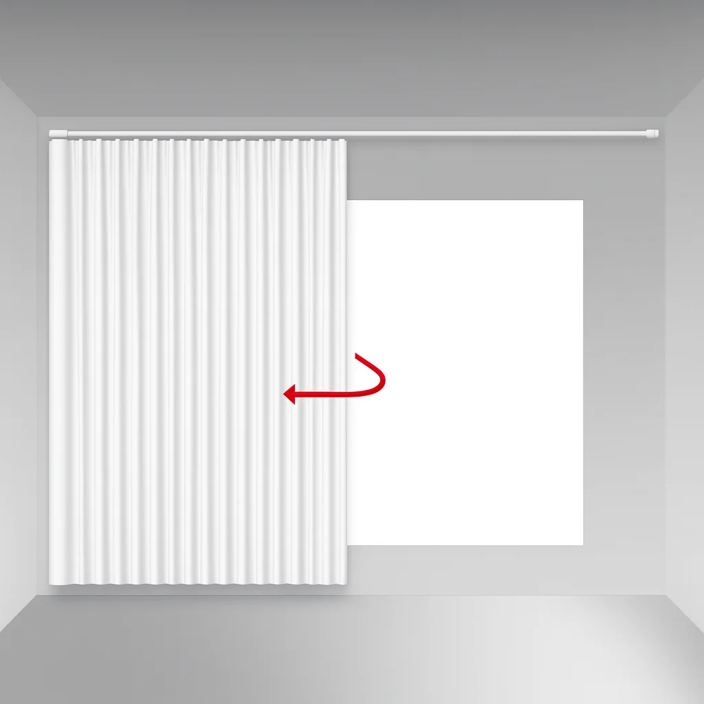 One-way draw curtain stacked on the left side, opening to the right – measurement diagram