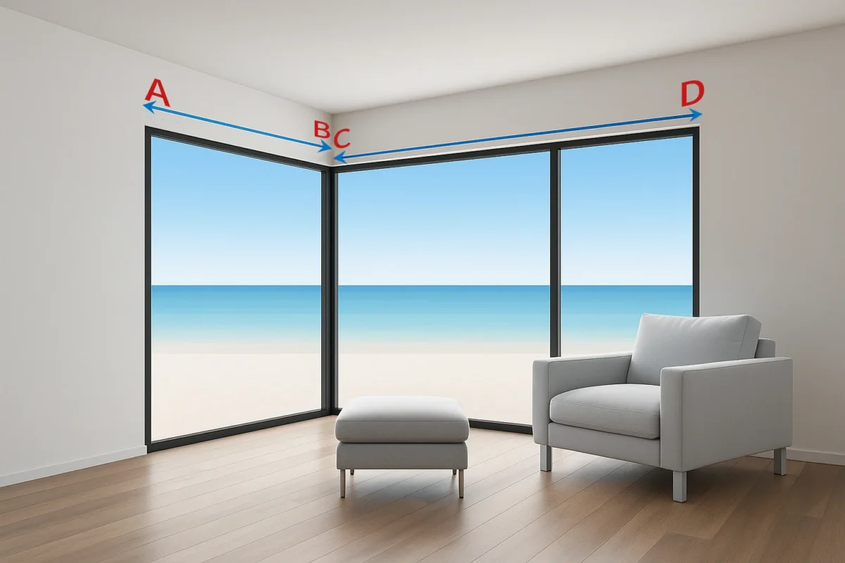 3D corner window with a beach view showing how to measure the top width from A–B–C for an L-shaped curtain track.