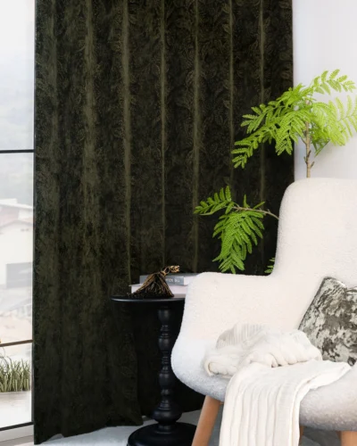 Leafshadow Jacquard Curtain framing a cozy reading corner – textured botanical leaf weave by Lemonho