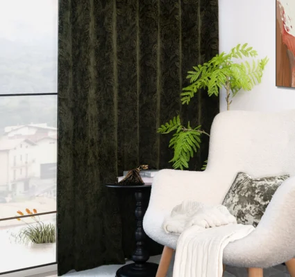 Leafshadow Jacquard Curtain framing a cozy reading corner – textured botanical leaf weave by Lemonho
