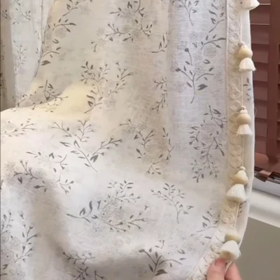 Willow Whisper Curtain – botanical print linen look fabric close-up