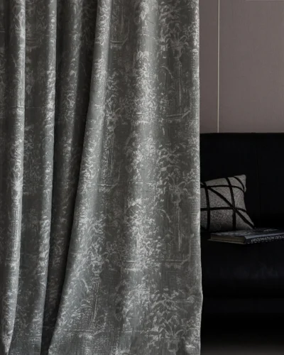 Mist Manor sheer curtain in darker lighting, embossed scenic jacquard texture in mist grey