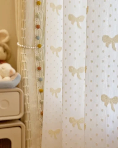 Cream Bow Sheer Curtain – Vanilla Dots Jacquard pattern close-up