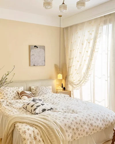 Cream Bow Sheer Curtain – Vanilla Dots Jacquard in a cozy bedroom