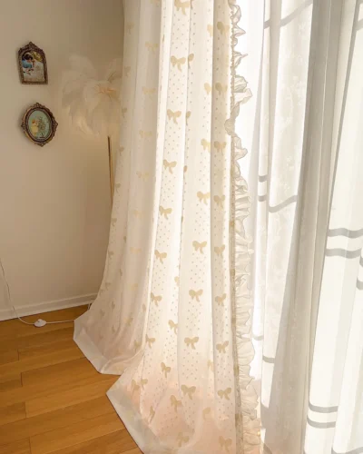 Cream Bow Sheer Curtain – Vanilla Dots Jacquard floor-length voile