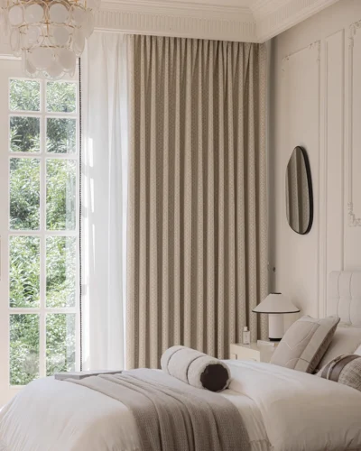 Basketweave texture curtain covering a large bedroom window, soft woven drapes creating a calm modern sleeping space.