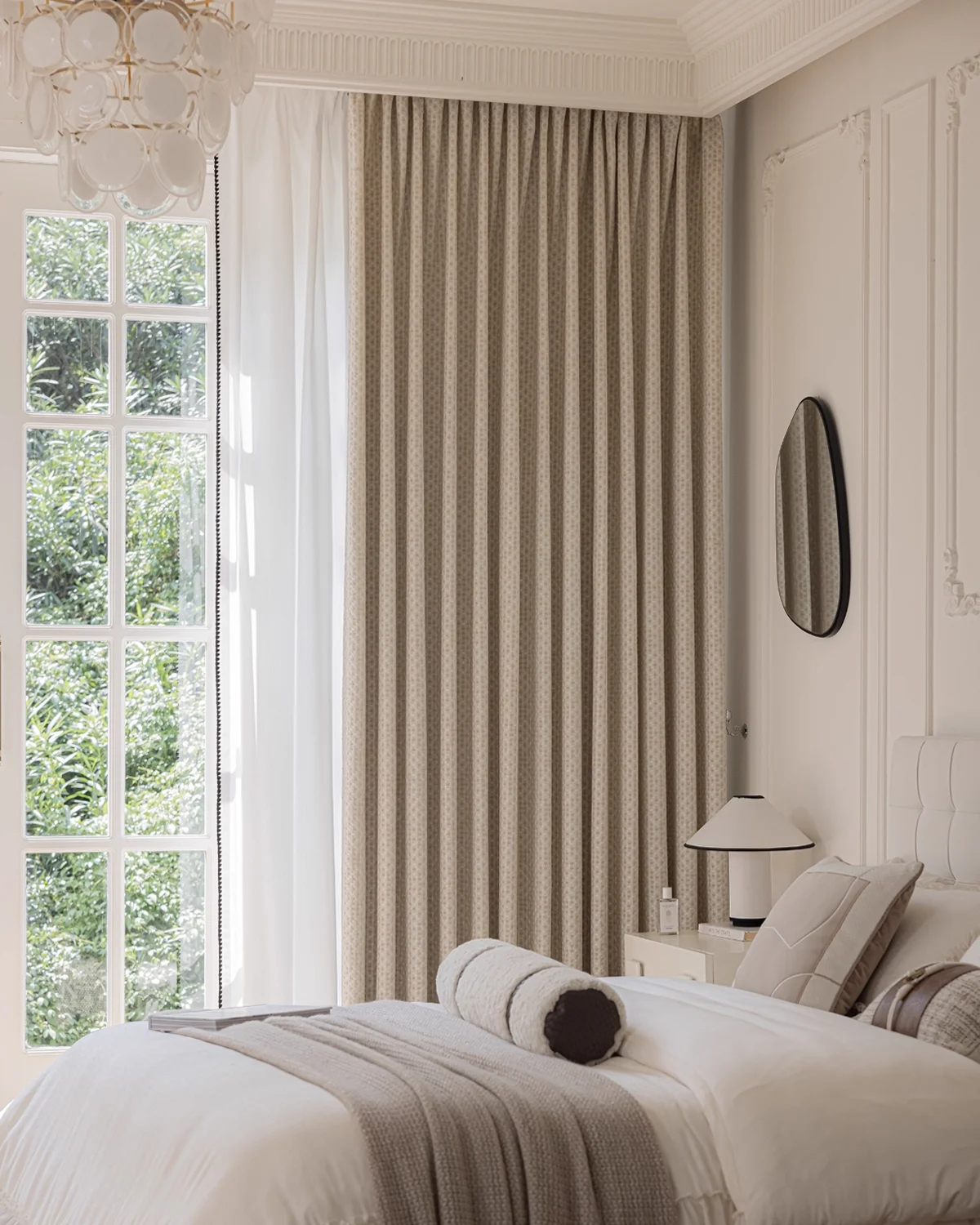 Basketweave texture curtain covering a large bedroom window, soft woven drapes creating a calm modern sleeping space.