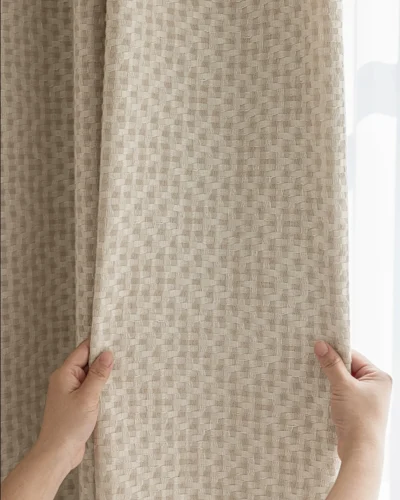 Hands pulling back a basketweave texture curtain, showing the soft woven drapes and tactile fabric surface.