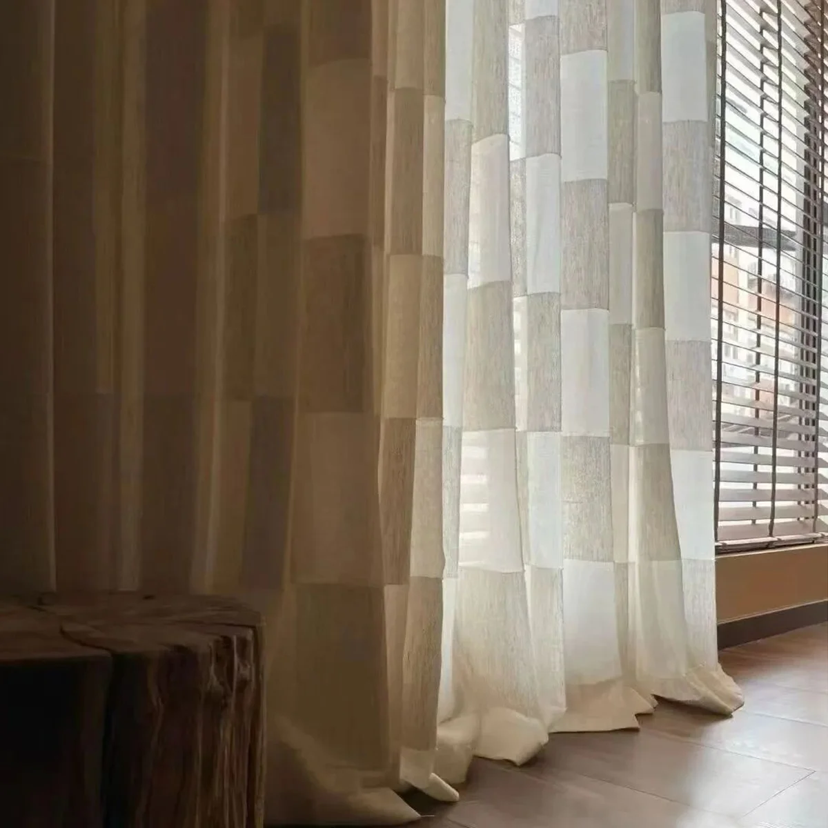 Block Stripe Sheer Curtain – Modern Soft Beige Check Voile Drapes - Image 3