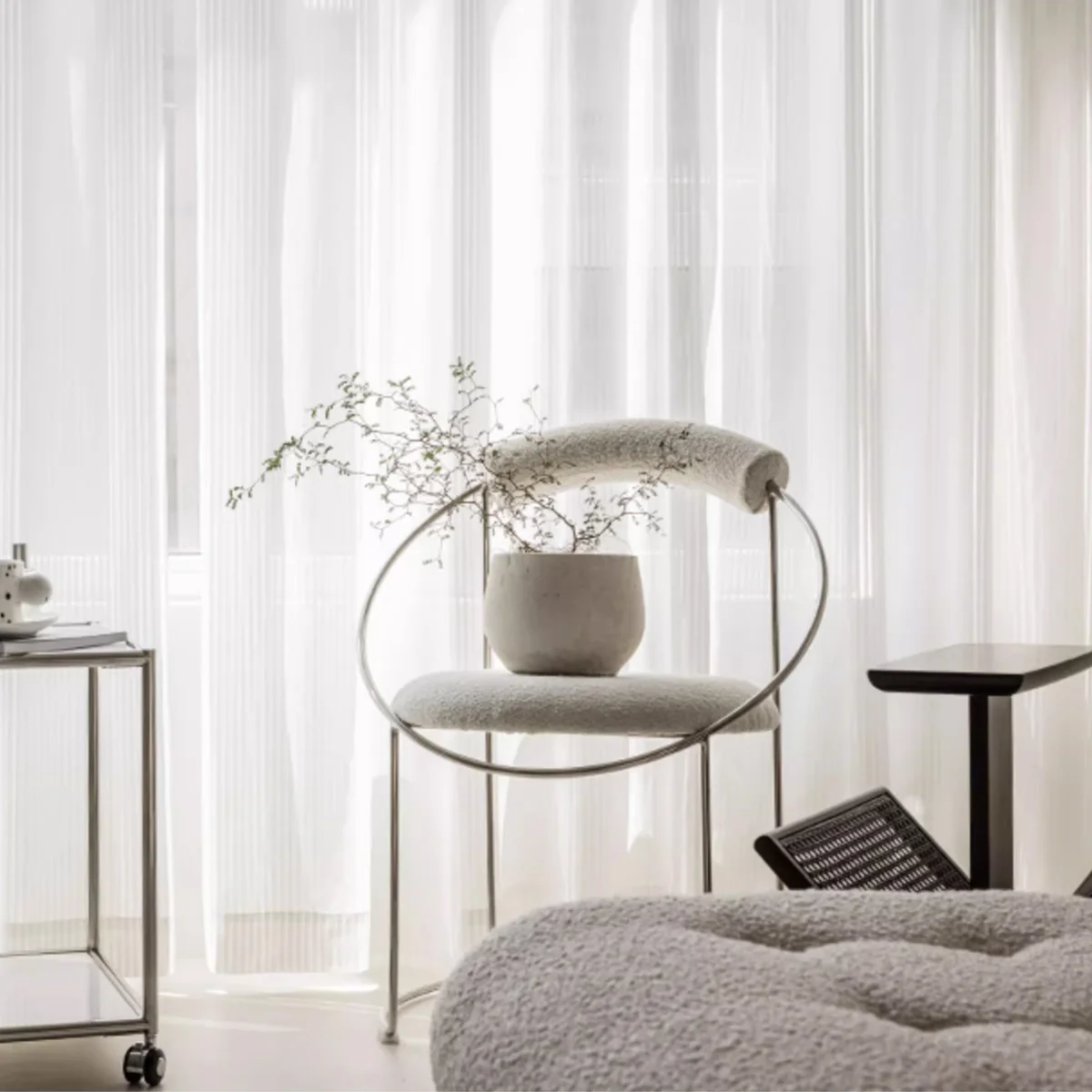 Vertical stripe sheer curtain in soft textured white voile, light-filtering window drapes in a modern living room