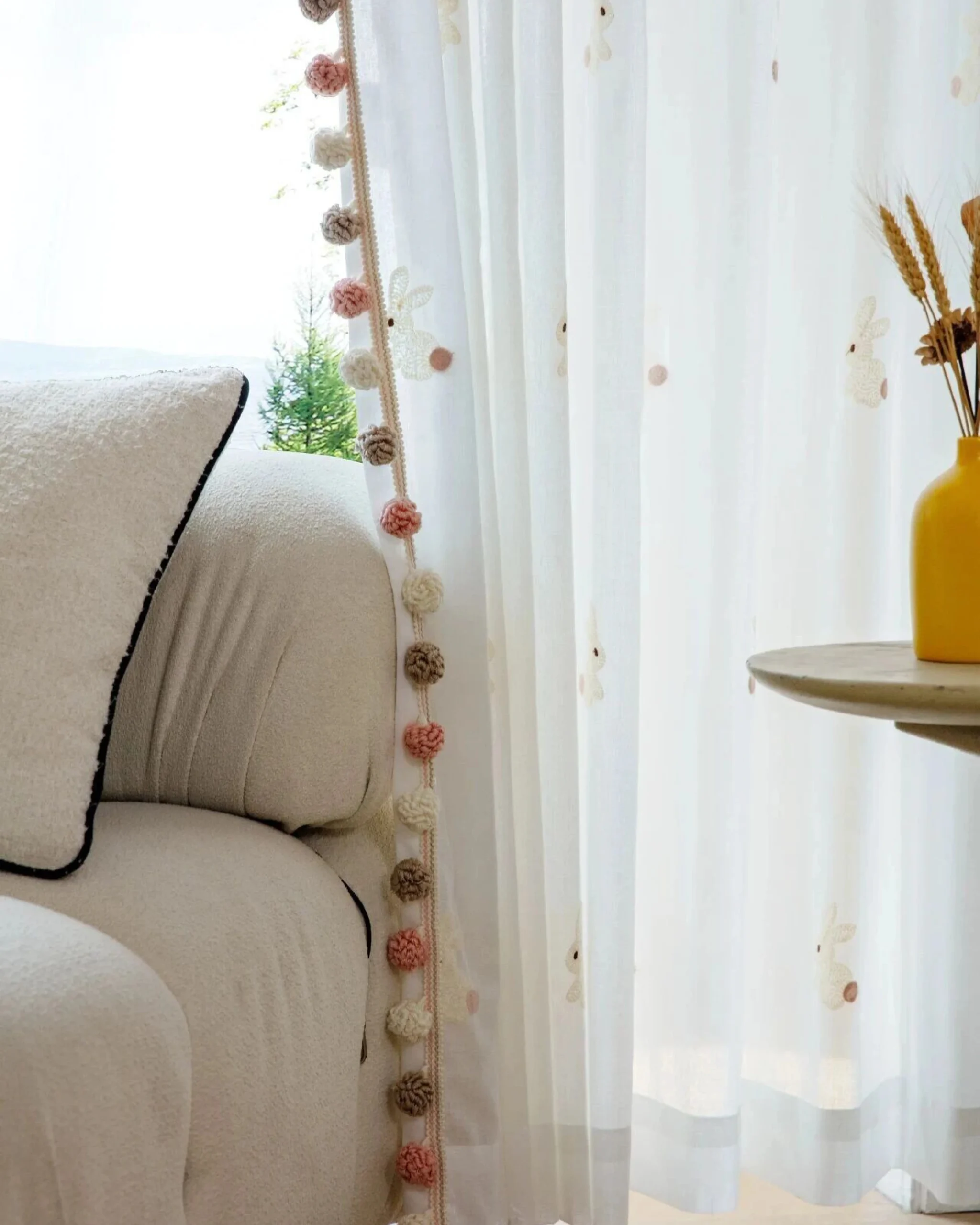 Bunny sheer curtain with embroidered rabbits for kids’ room