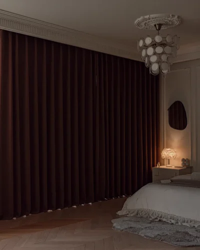 Cinnamon herringbone blackout curtains in bedroom – warm brown full blackout drapes for privacy and light control