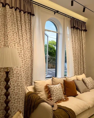 Autumn Berry Jacquard blackout curtains in living room – botanical berry vine drapes with warm neutral decor