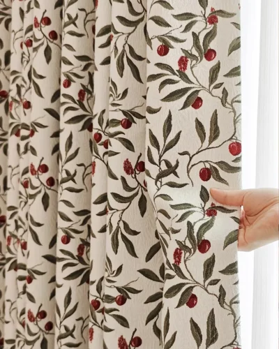 Nocturne Berry Jacquard Curtain – ivory botanical jacquard fabric with berry accents (close-up)