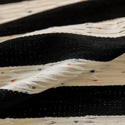 Whisper Stripe Curtain fabric close-up with black and cream stripes, confetti speckles, and fringe texture