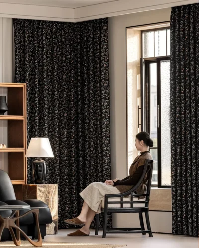 Nocturne Berry Jacquard Curtain, black botanical jacquard curtain living room scene