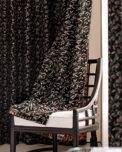 Nocturne Berry Jacquard Curtain, black botanical jacquard curtain fabric close-up