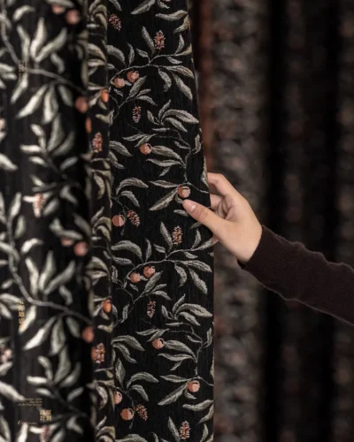 Nocturne Berry Jacquard Curtain, black botanical jacquard curtain fabric close-up