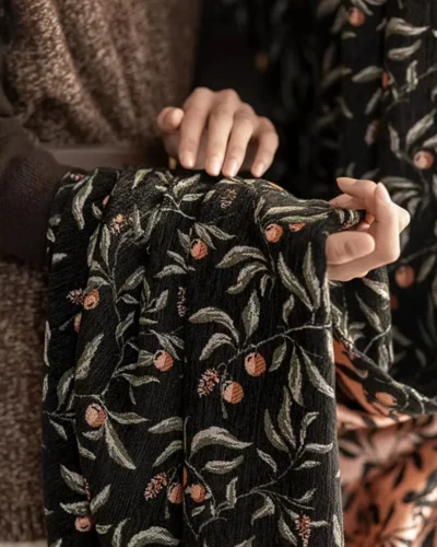 Nocturne Berry Jacquard Curtain, black botanical jacquard curtain room scene