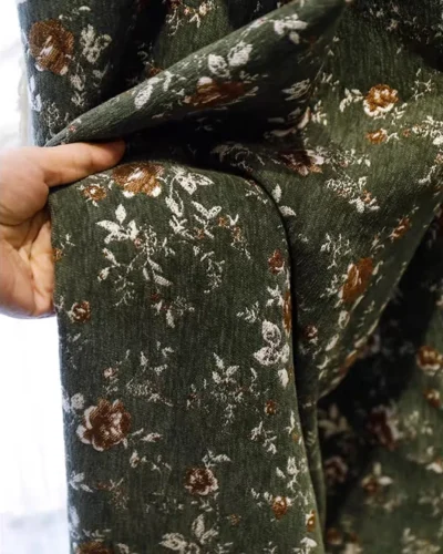 green floral jacquard curtain fabric close-up (Forest Bloom)