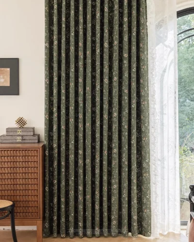 green floral jacquard curtain full-length panel in living room (Forest Bloom)