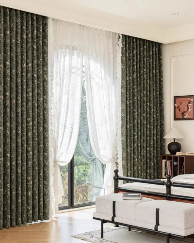 green floral jacquard curtain in living room with white sheer curtains (Forest Bloom)