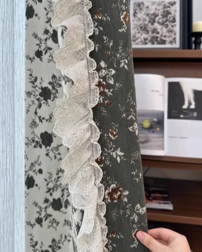 green floral jacquard curtain trim detail with lace edge (Forest Bloom)