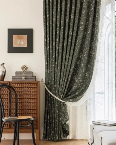 Green floral curtains in living room – Forest Bloom vintage floral jacquard