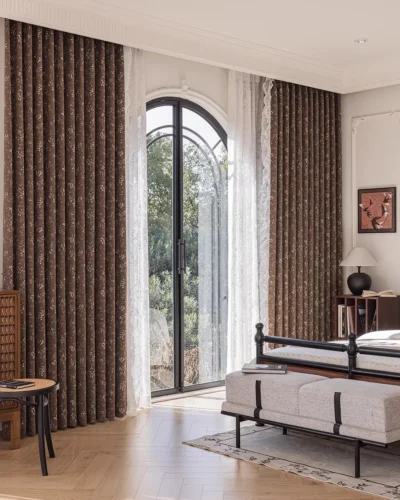 brown floral jacquard curtain in mocha brown paired with white sheer on an arched window, vintage floral drape