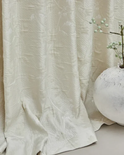 Silent Vine Jacquard Curtain draping to the floor, subtle botanical relief texture