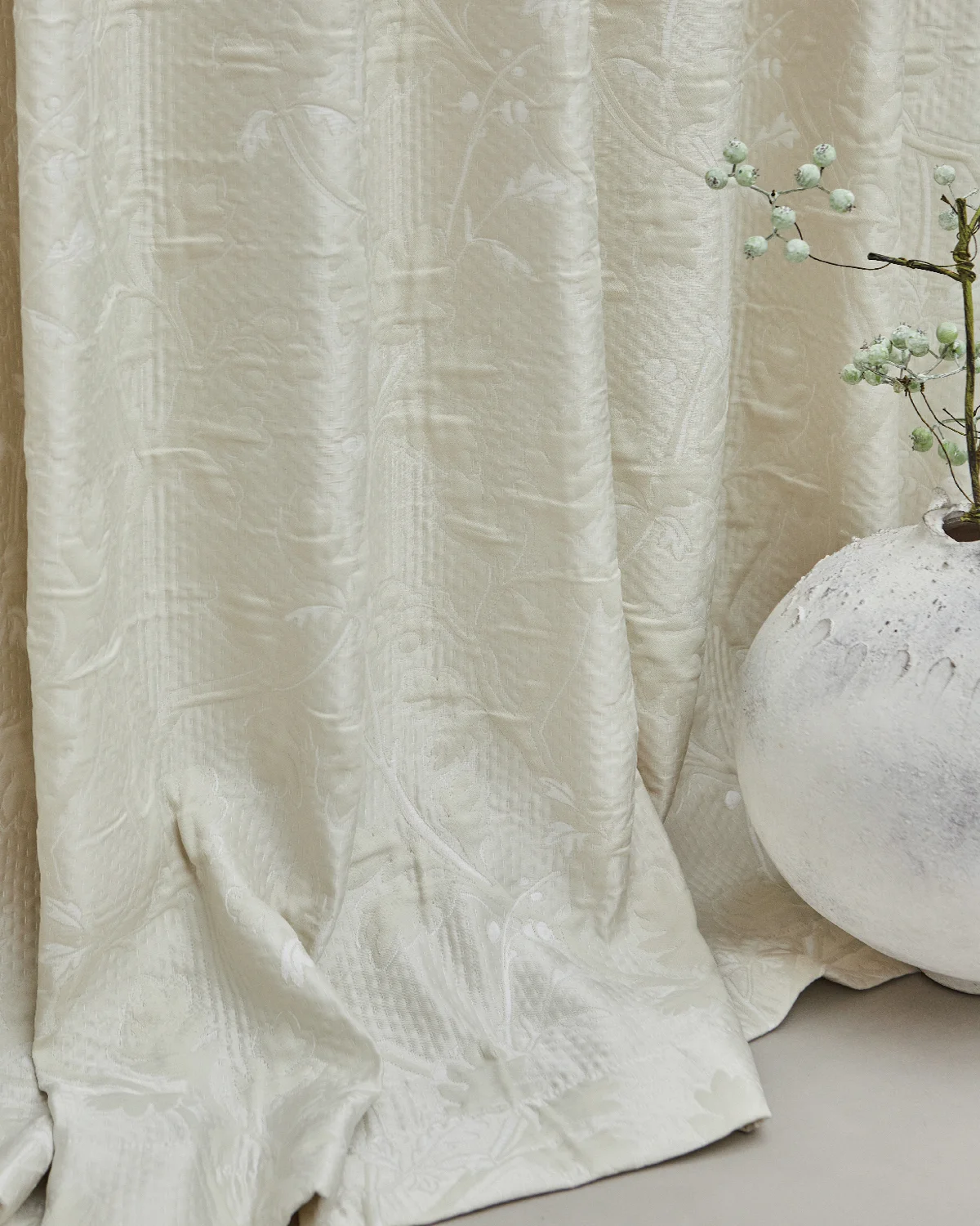 Silent Vine Jacquard Curtain draping to the floor, subtle botanical relief texture