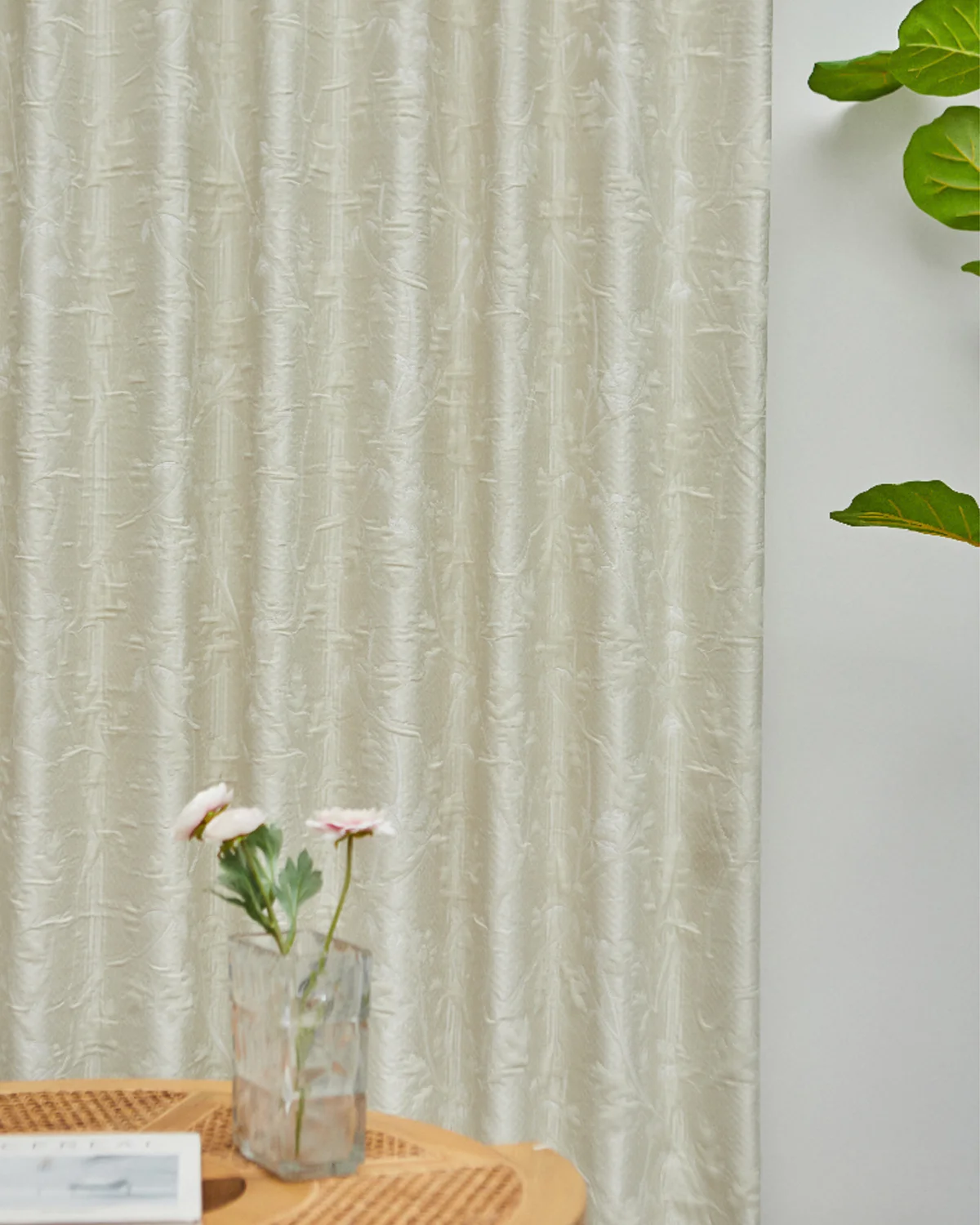 Silent Vine Jacquard Curtain with subtle botanical relief texture, styled beside a table